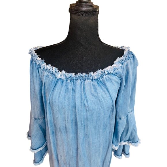 Boston Proper Denim L Blue Off-Shoulder Denim Ruffled Bell Sleeve Dress Cowgirl - Picture 3 of 11